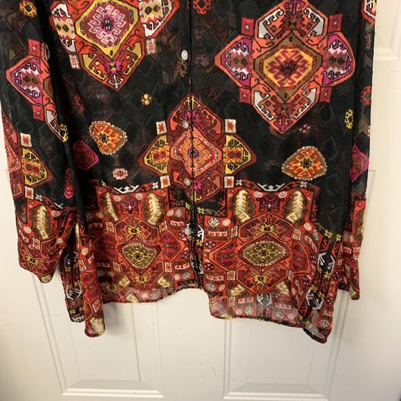 Ruby Rd Semi-Sheer Black Multi-color Geometric Print V-Neck Blouse Sz 14 - Picture 6 of 7